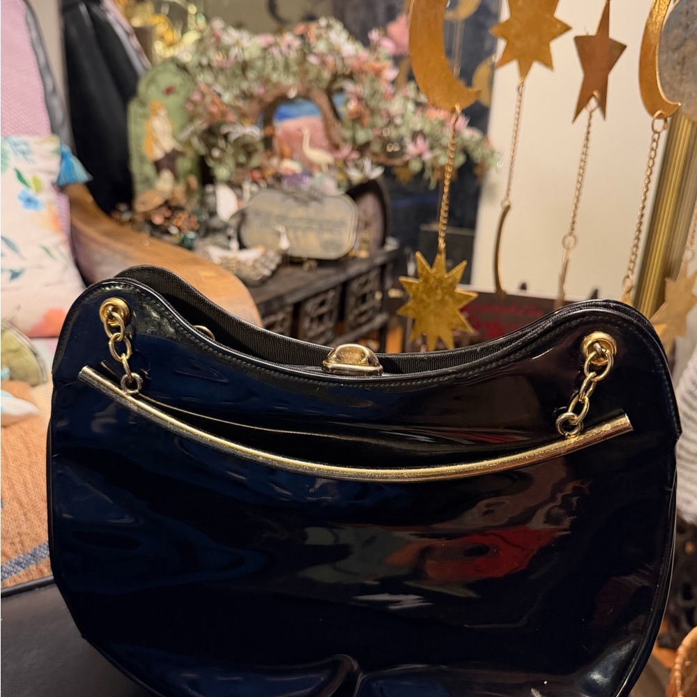 Rare Crown Lewis VTG Elegant Black Patent Leather Women's Bag, Brass Handles